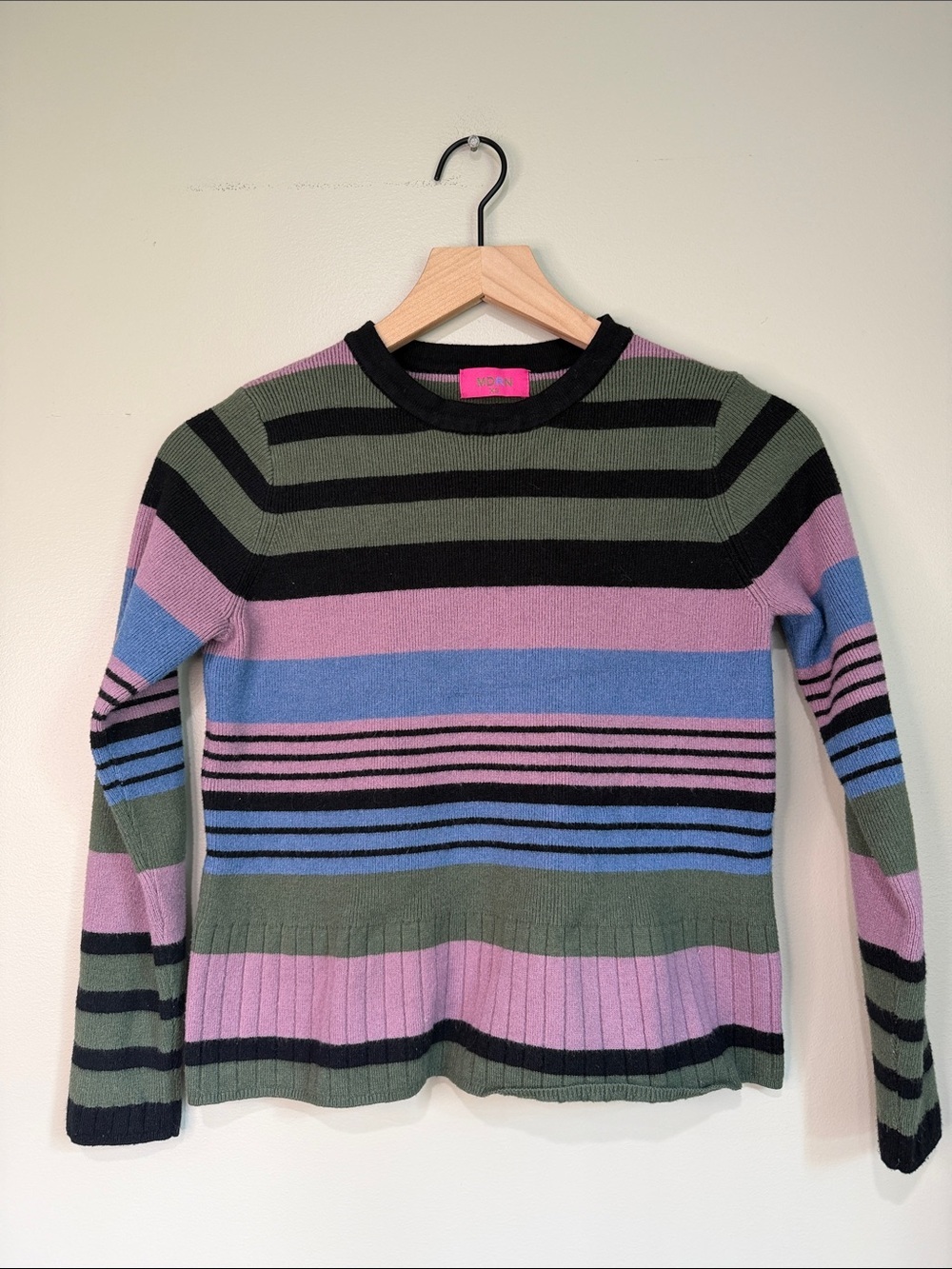 MDRN Striped Crewneck Sweater in Olive, Lavender & Blue XS